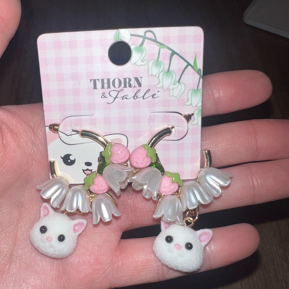 Thorn & Fable Cat Earrings With Strawberries